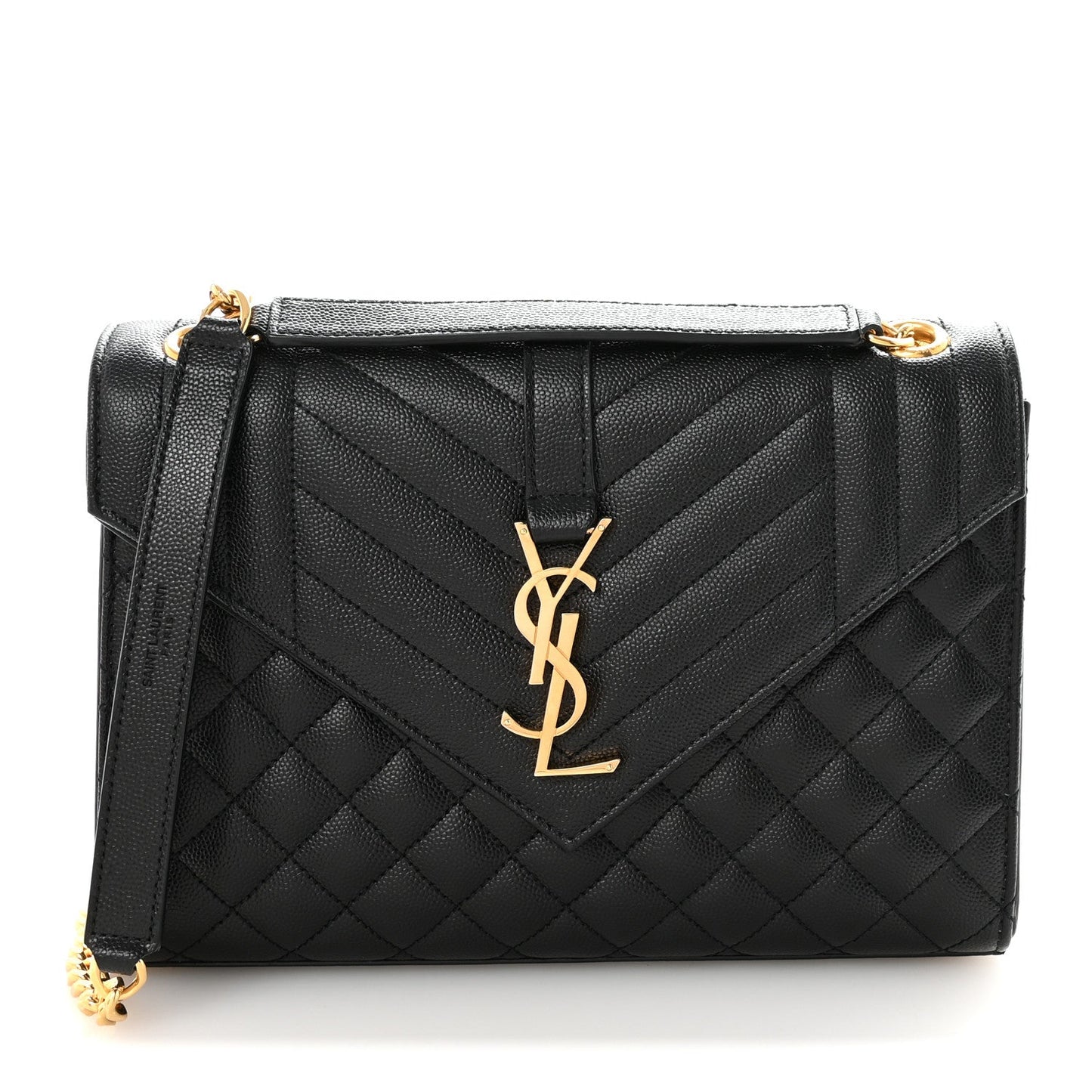Black quilted medium satchel with front flap and gold YSL monogram, chain shoulder strap
