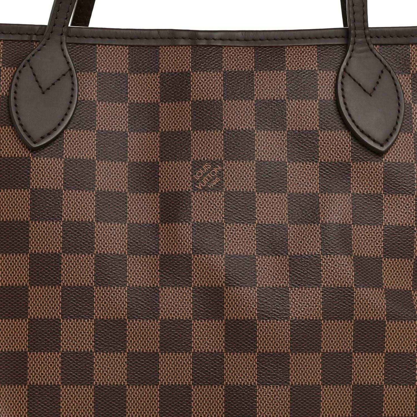 Damier Ebene tote bag front panel in brown check canvas with leather corner patch and straps