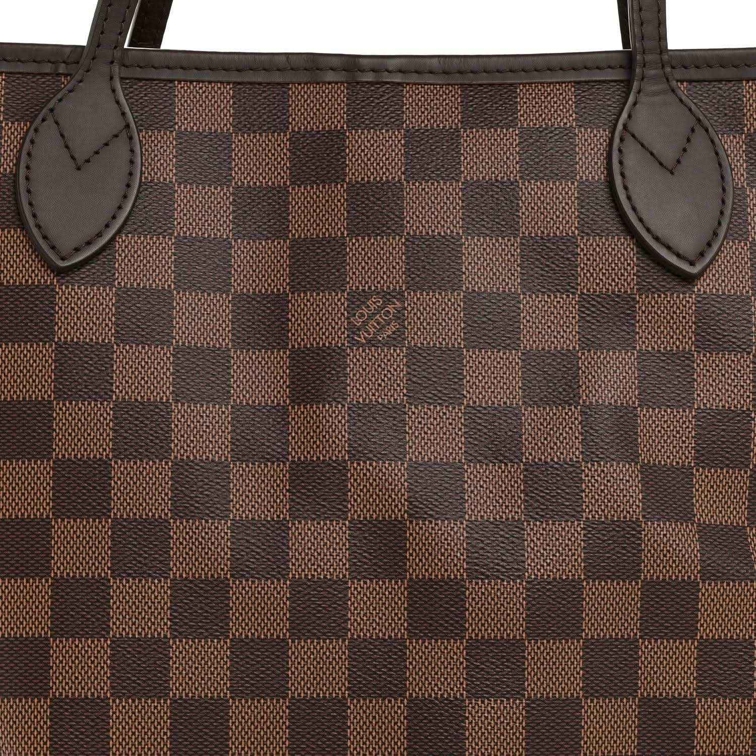 Damier Ebene tote bag front panel in brown check canvas with leather corner patch and straps