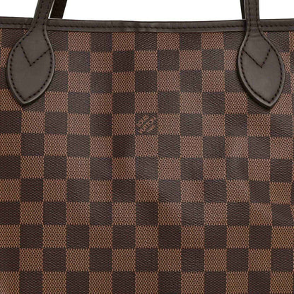 Damier Ebene tote bag front panel in brown check canvas with leather corner patch and straps