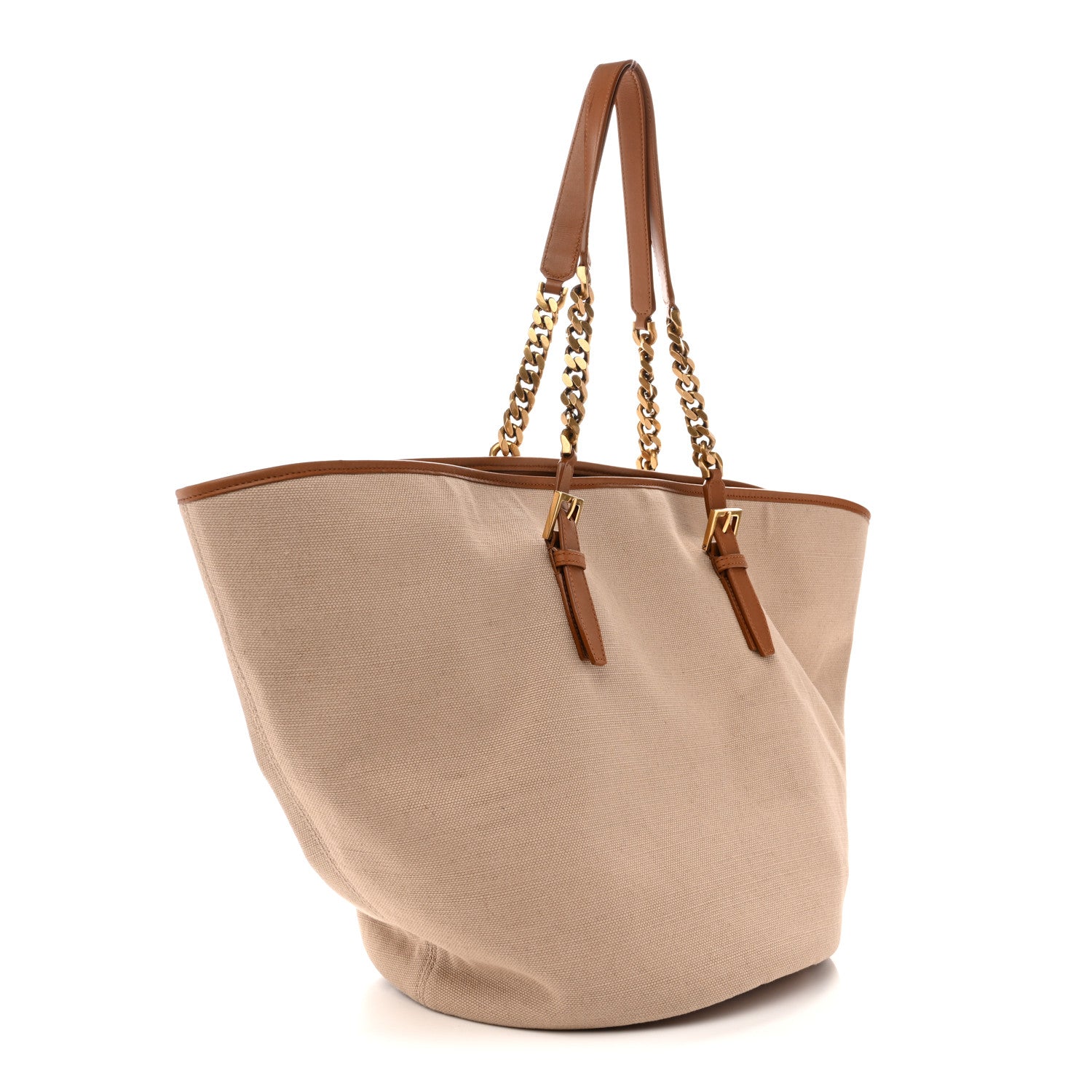Desert dust canvas tote with brown leather straps and gold chain, side angle