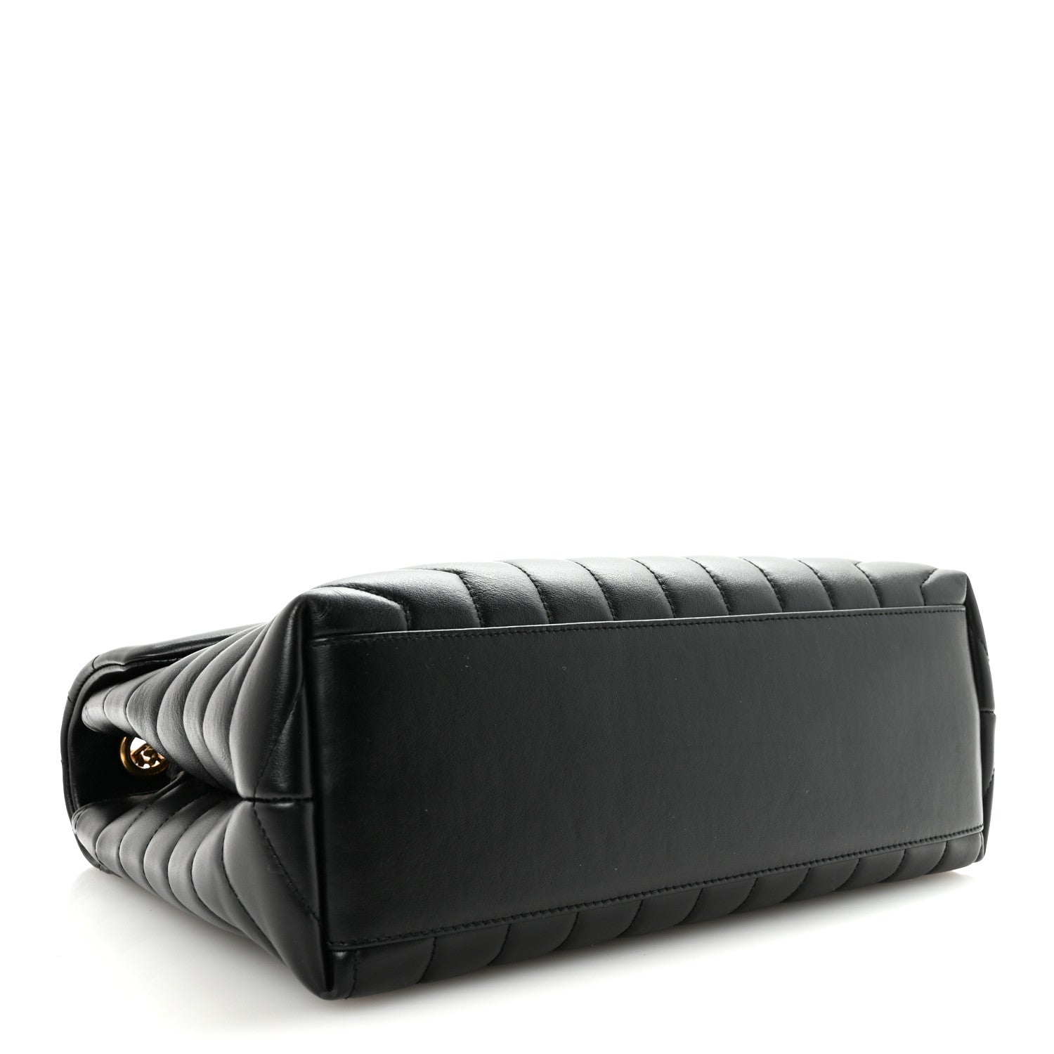 Black quilted calfskin satchel, structured base with chain strap.