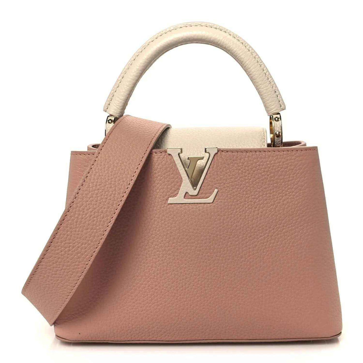 Rose leather handbag with cream top handles and gold LV clasp detail