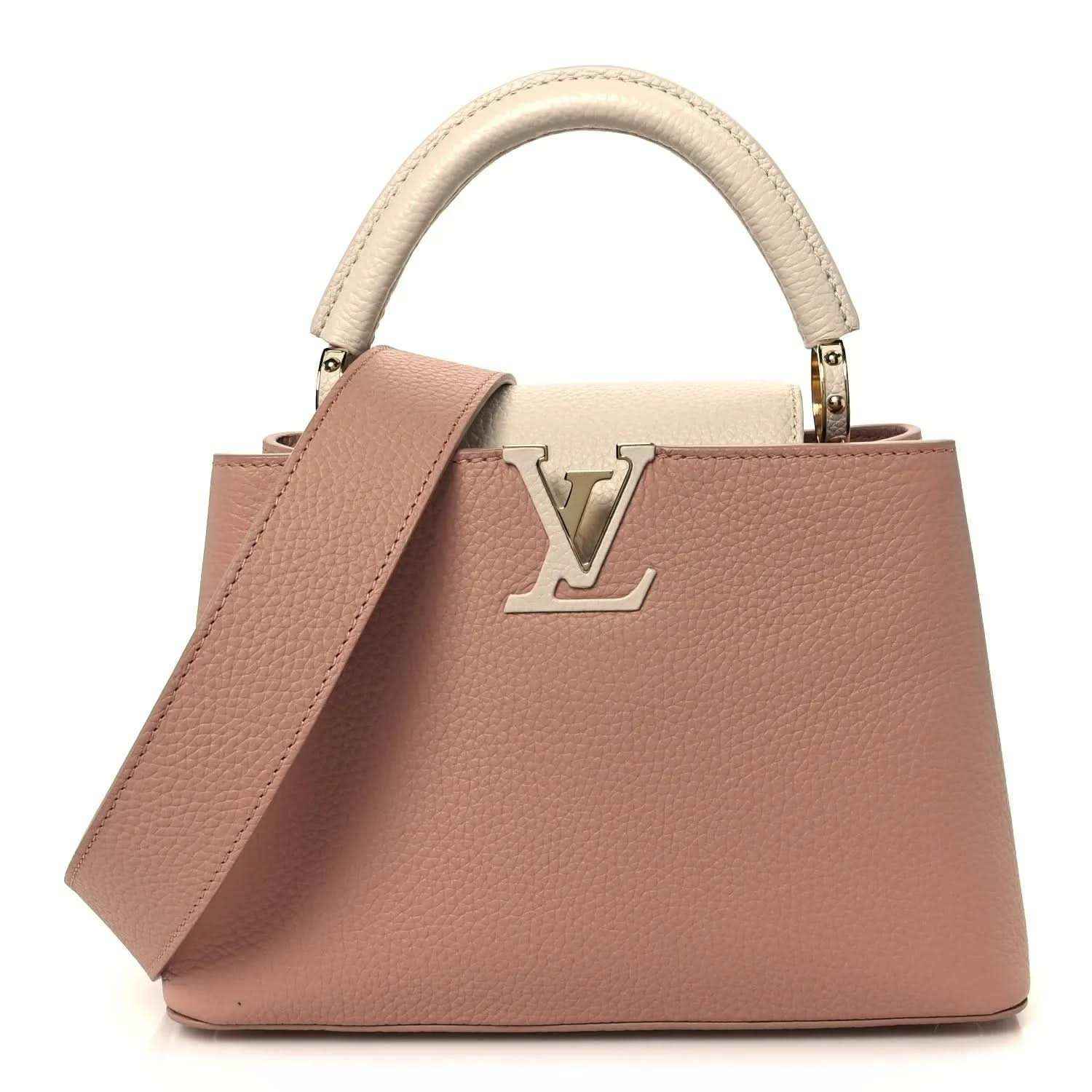 Rose leather handbag with cream top handles and gold LV clasp detail