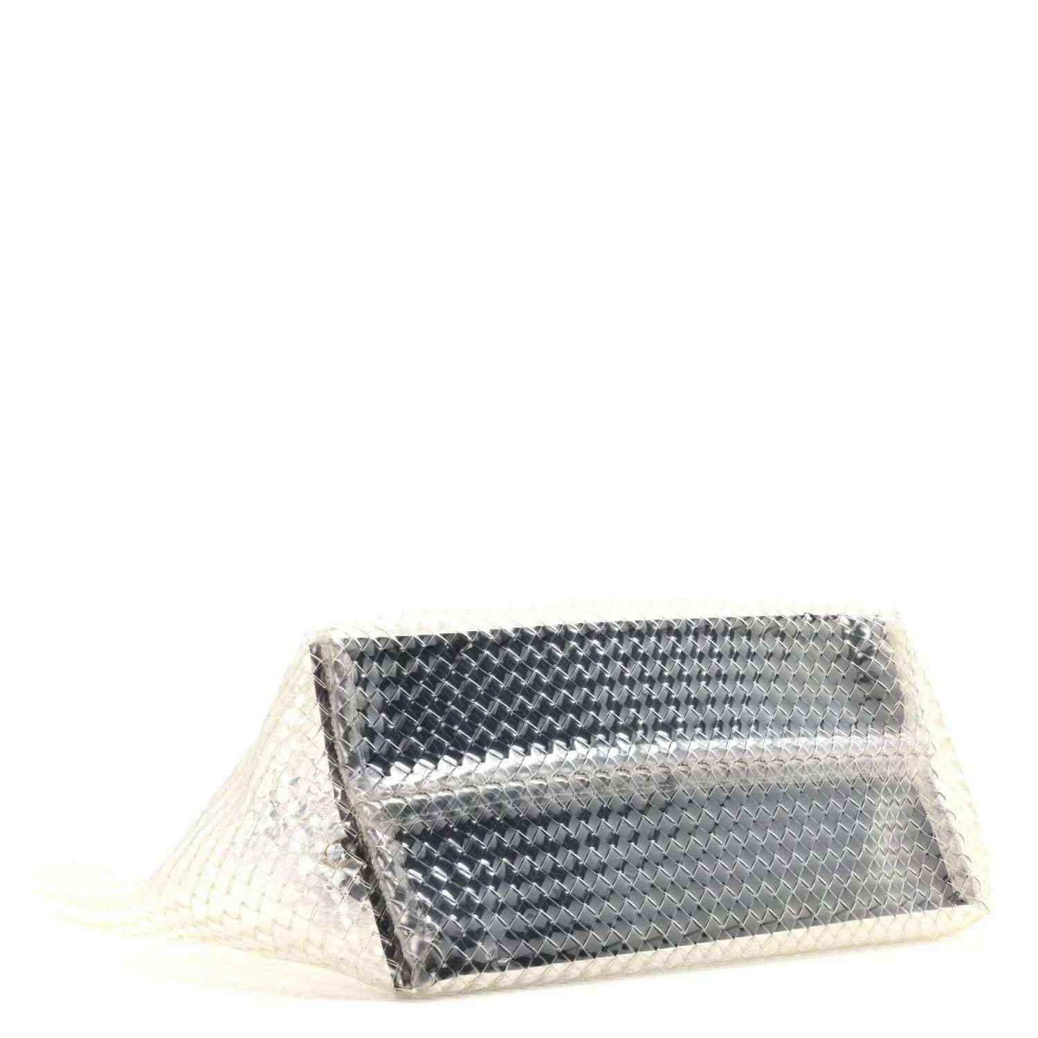 Tote pouch with silver-tone woven PVC exterior and zip top, open view
