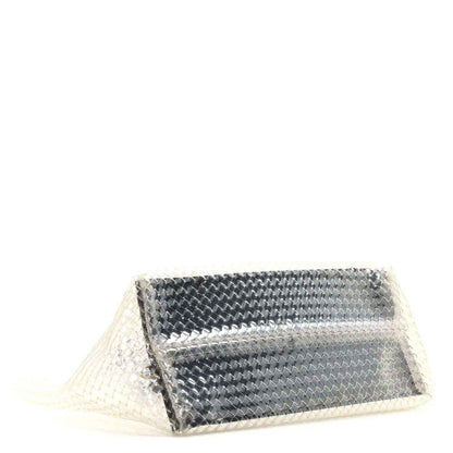 Tote pouch with silver-tone woven PVC exterior and zip top, open view