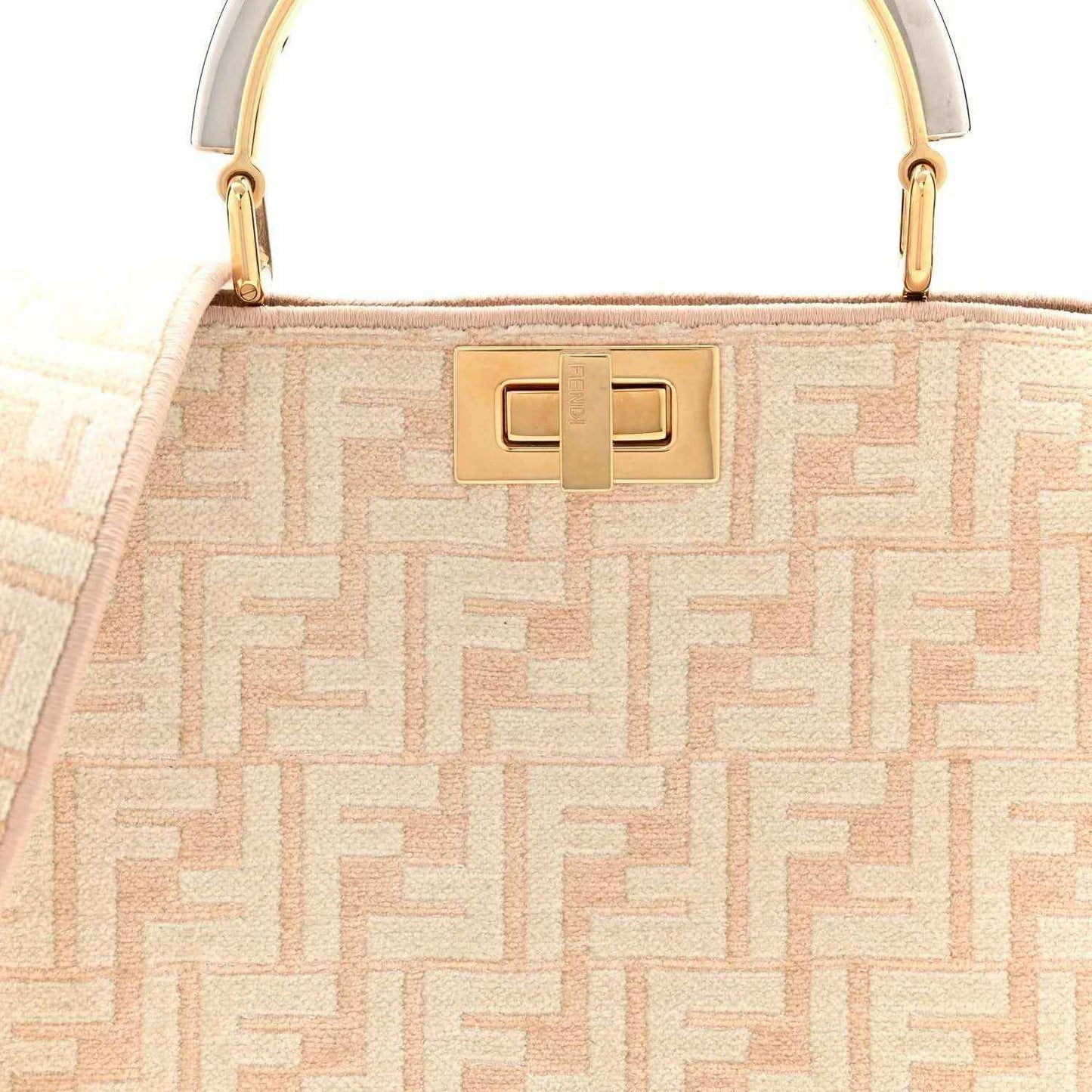 Fendi small Peekaboo satchel bag front clasp in gold over light beige FF pattern