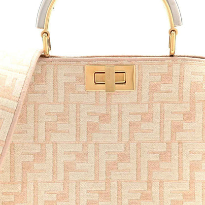 Fendi small Peekaboo satchel bag front clasp in gold over light beige FF pattern