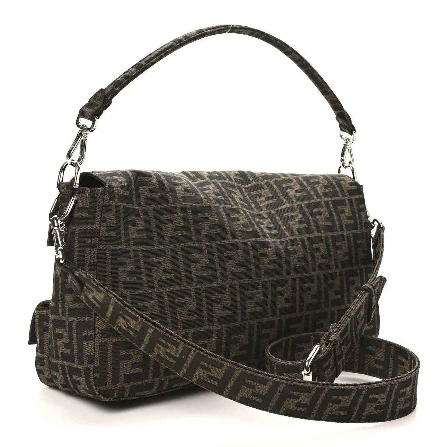 Fendi Zucca canvas baguette shoulder bag with flap and front pockets, dark brown FF print.