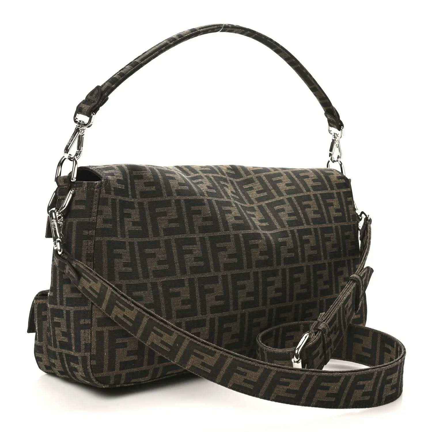Fendi Zucca canvas baguette shoulder bag with flap and front pockets, dark brown FF print.