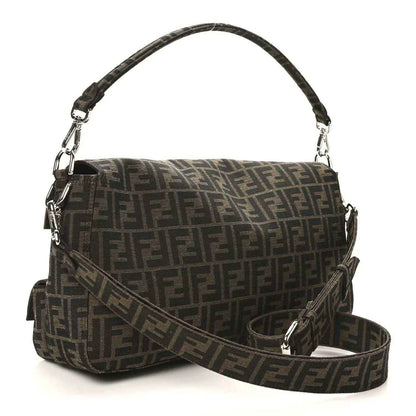 Fendi Zucca canvas baguette shoulder bag with flap and front pockets, dark brown FF print.