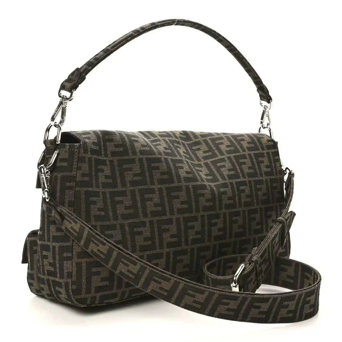 Fendi Zucca canvas baguette shoulder bag with flap and front pockets, dark brown FF print.