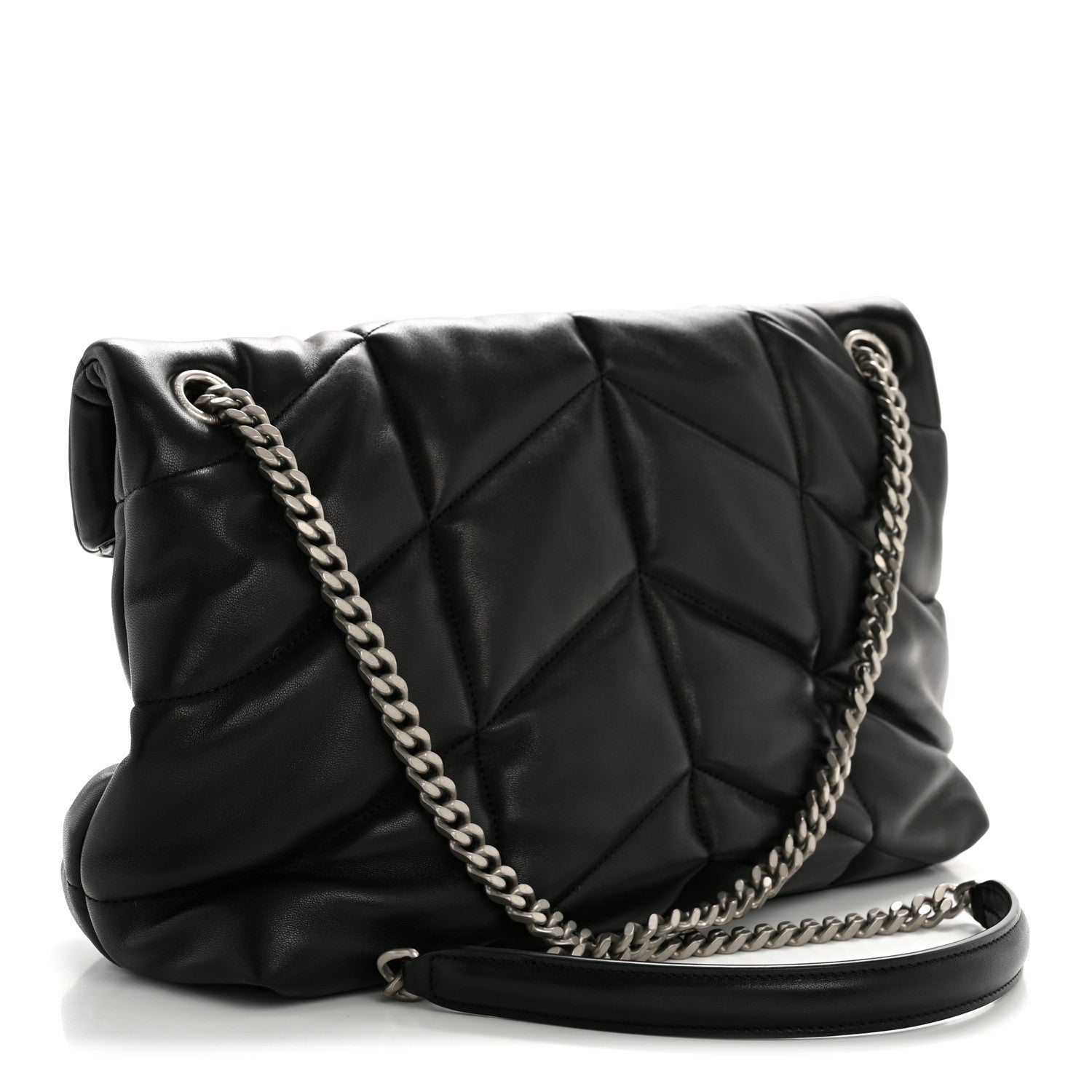 Black quilted puffer satchel with chain shoulder strap and flap front, side view