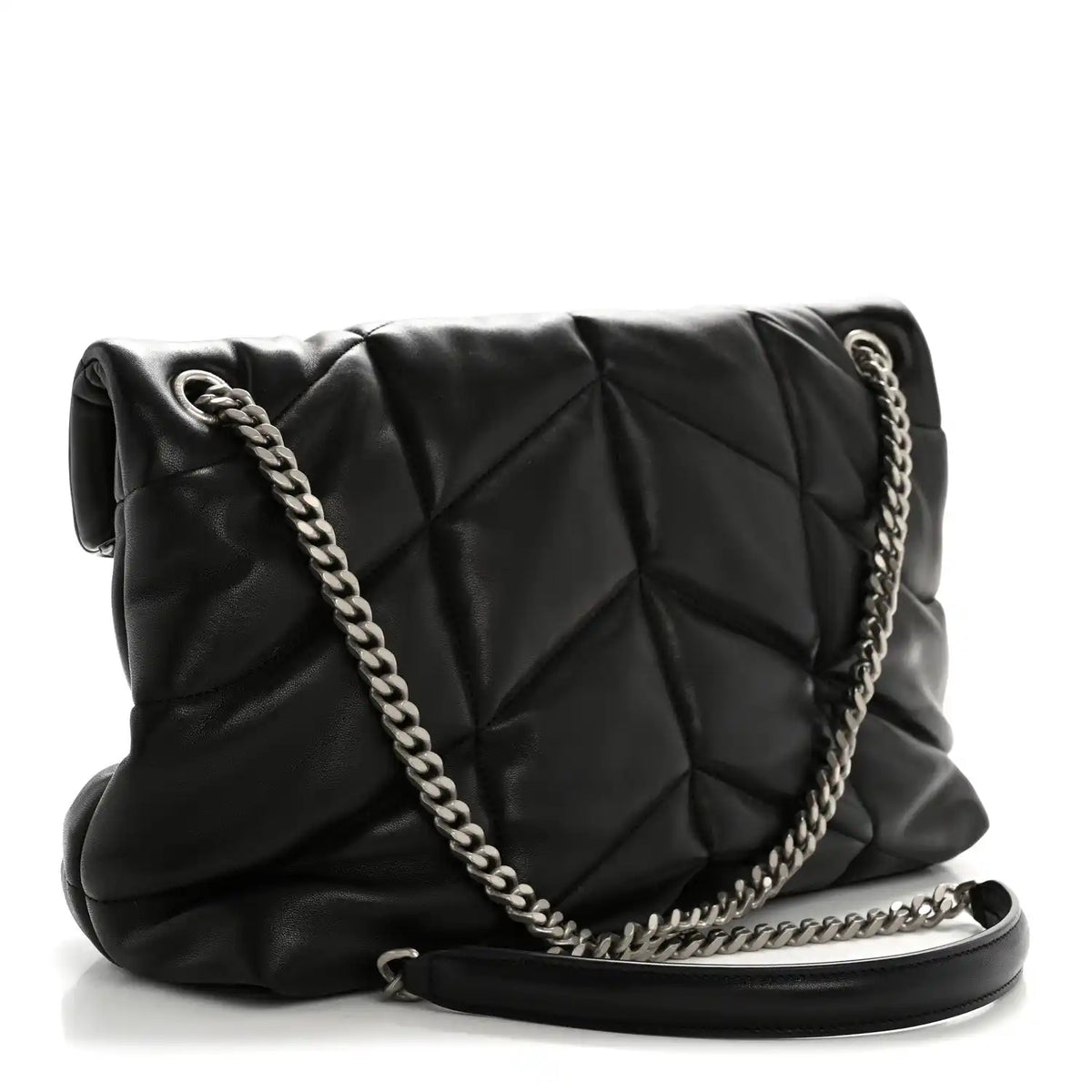 Black quilted puffer satchel with chain shoulder strap and flap front, side view