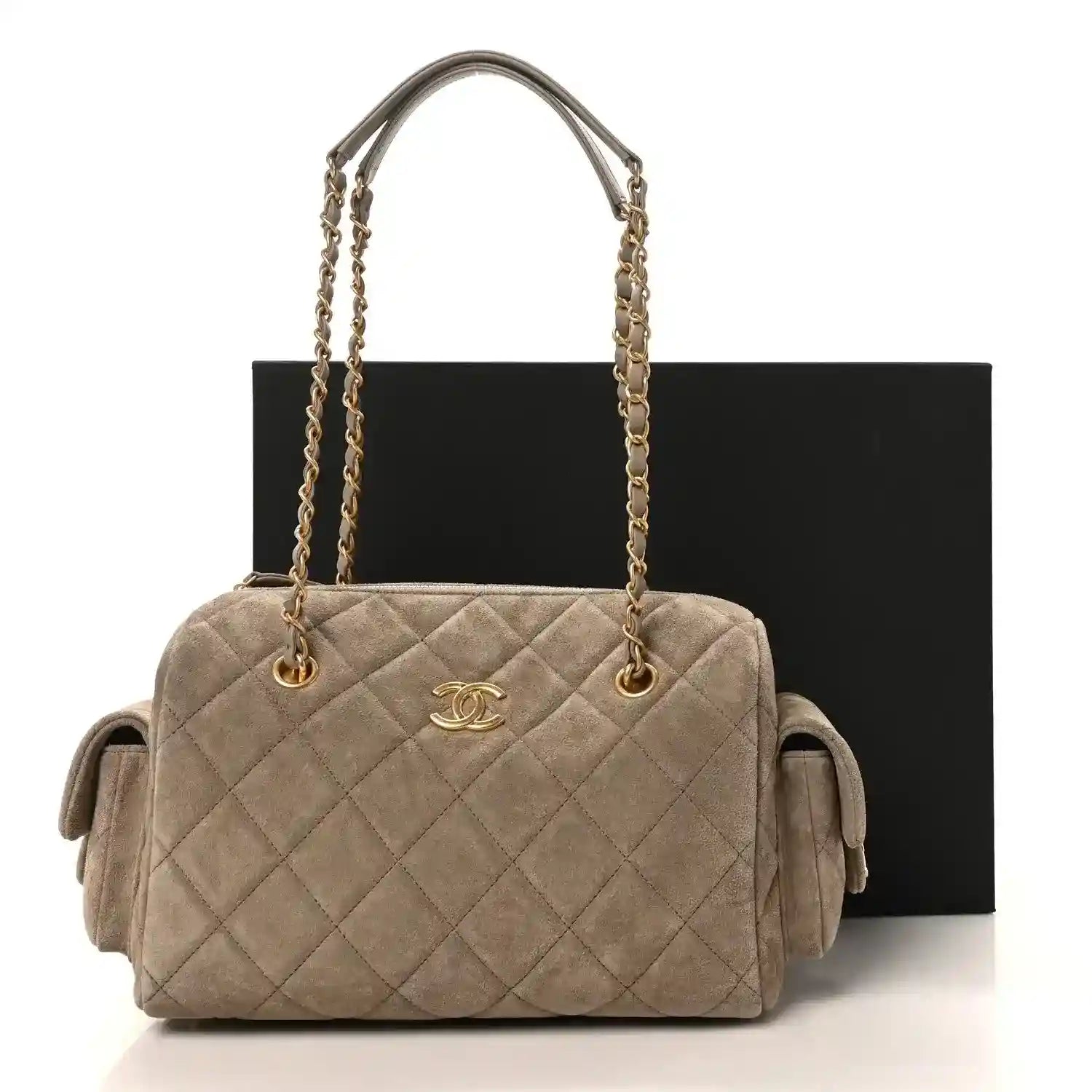 Chanel quilted suede bowling bag with gold chain handles and CC logo, dark grey