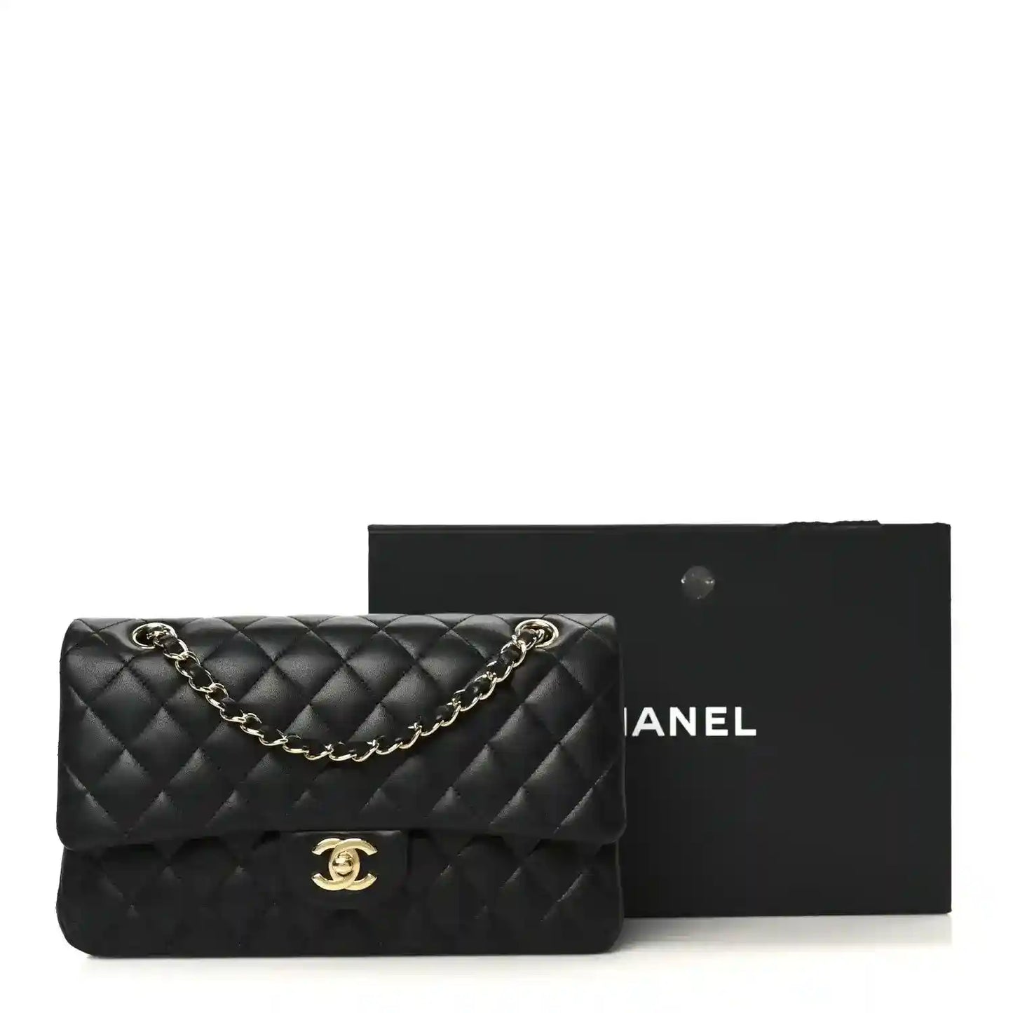 Black quilted lambskin double flap shoulder bag with gold-tone chain and CC clasp