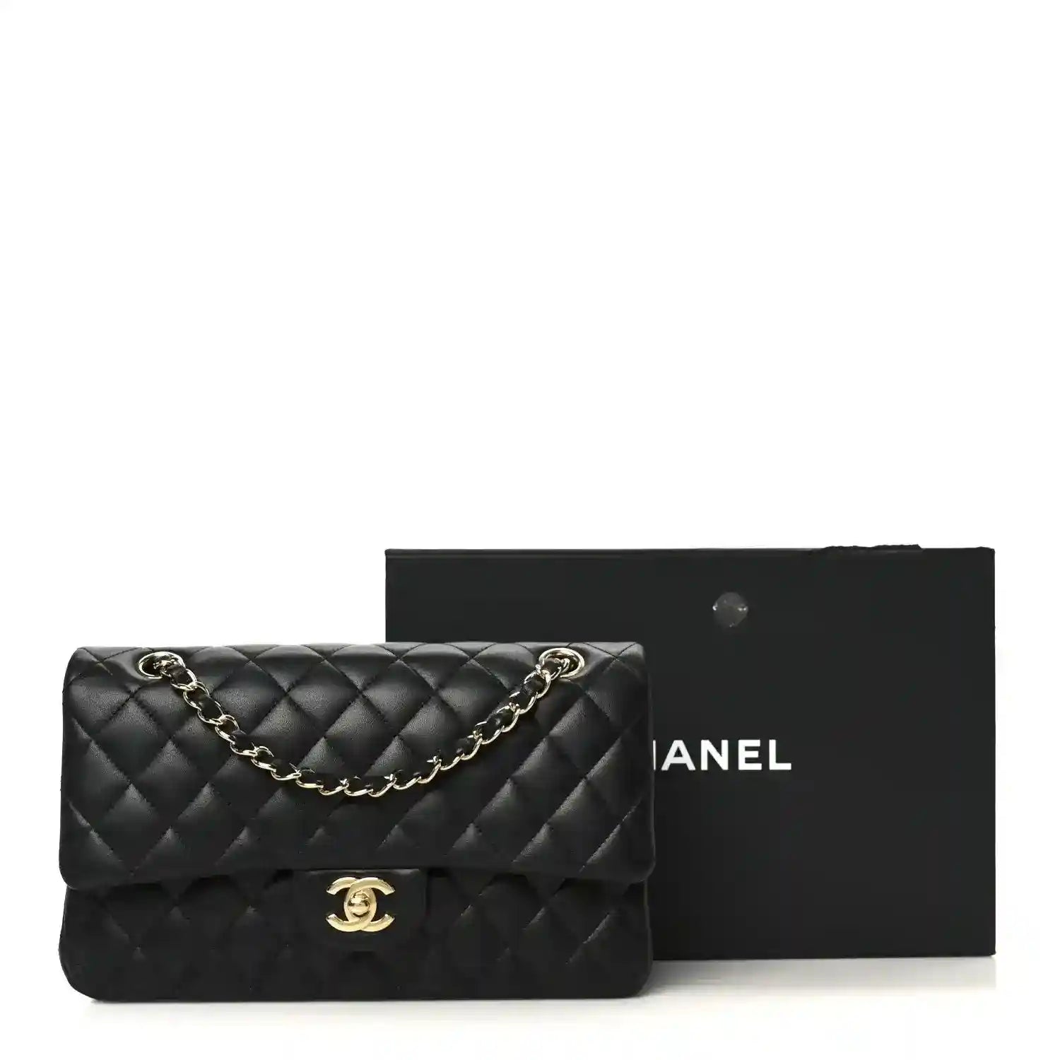 Black quilted lambskin double flap shoulder bag with gold-tone chain and CC clasp