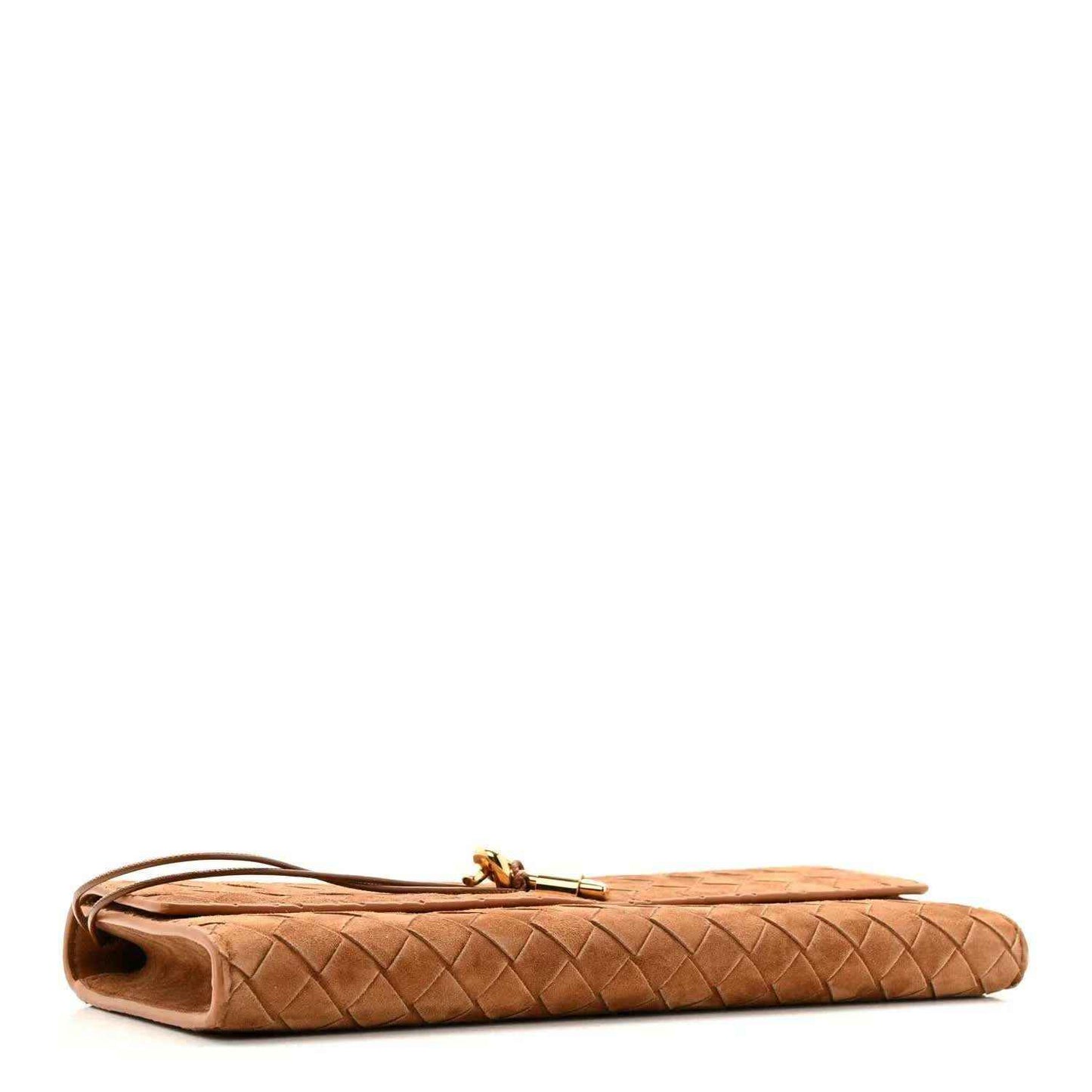 Amber suede long clutch side profile with braided top handle and gold-tone clasp