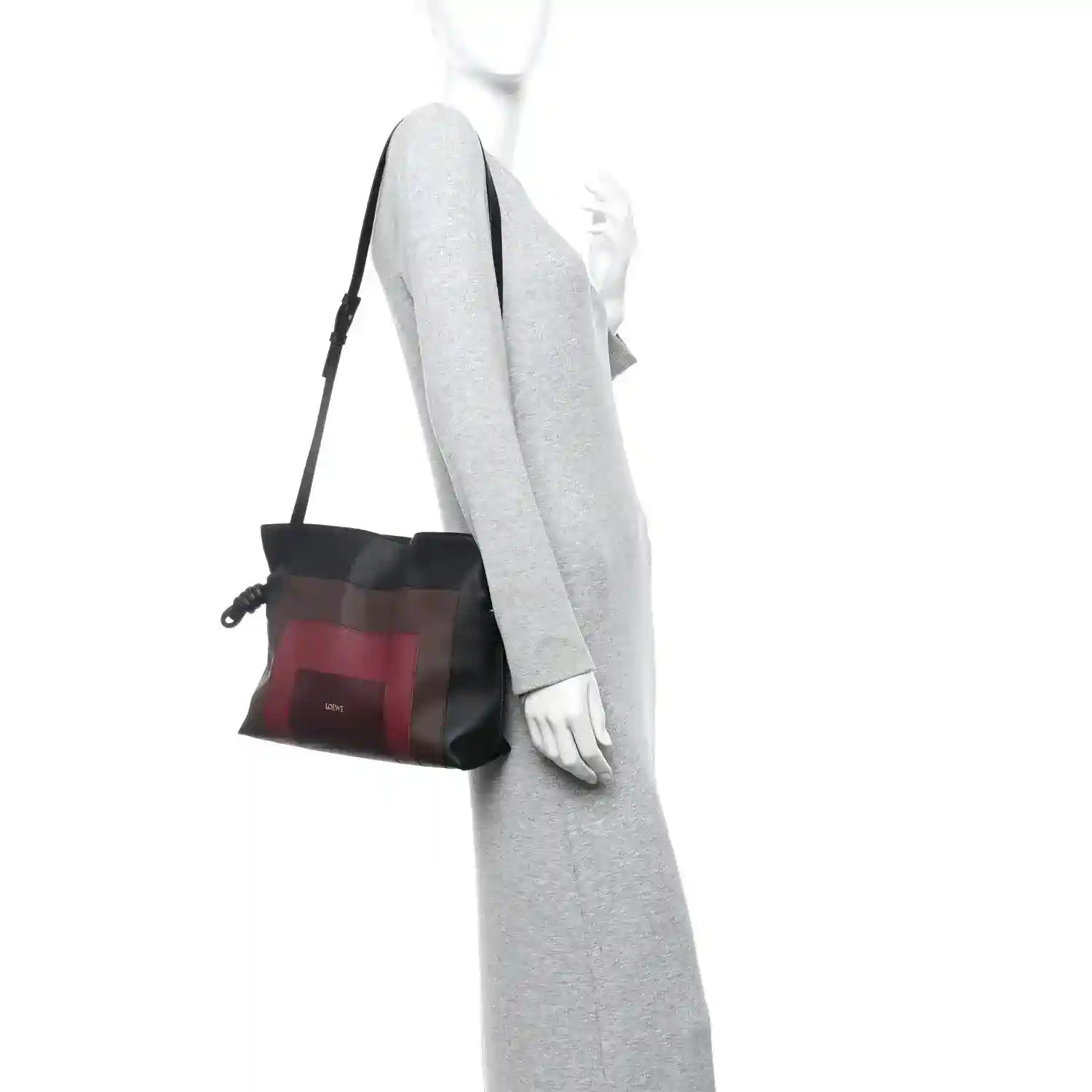 Flamenco knot clutch bag, black with burgundy stripe and detachable shoulder strap