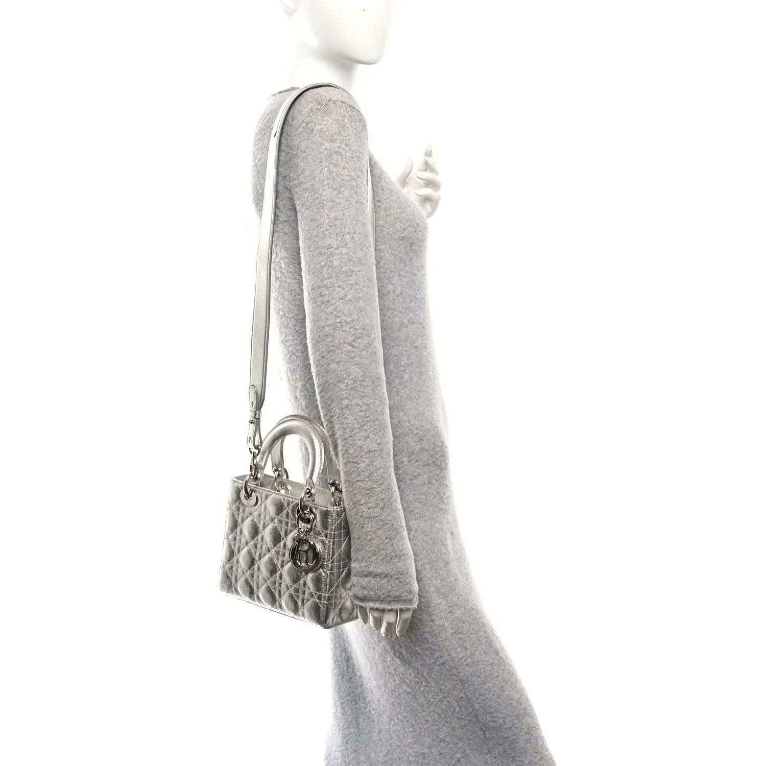 My Lady Dior handbag in metallic silver, side view with shoulder strap and tassel charm