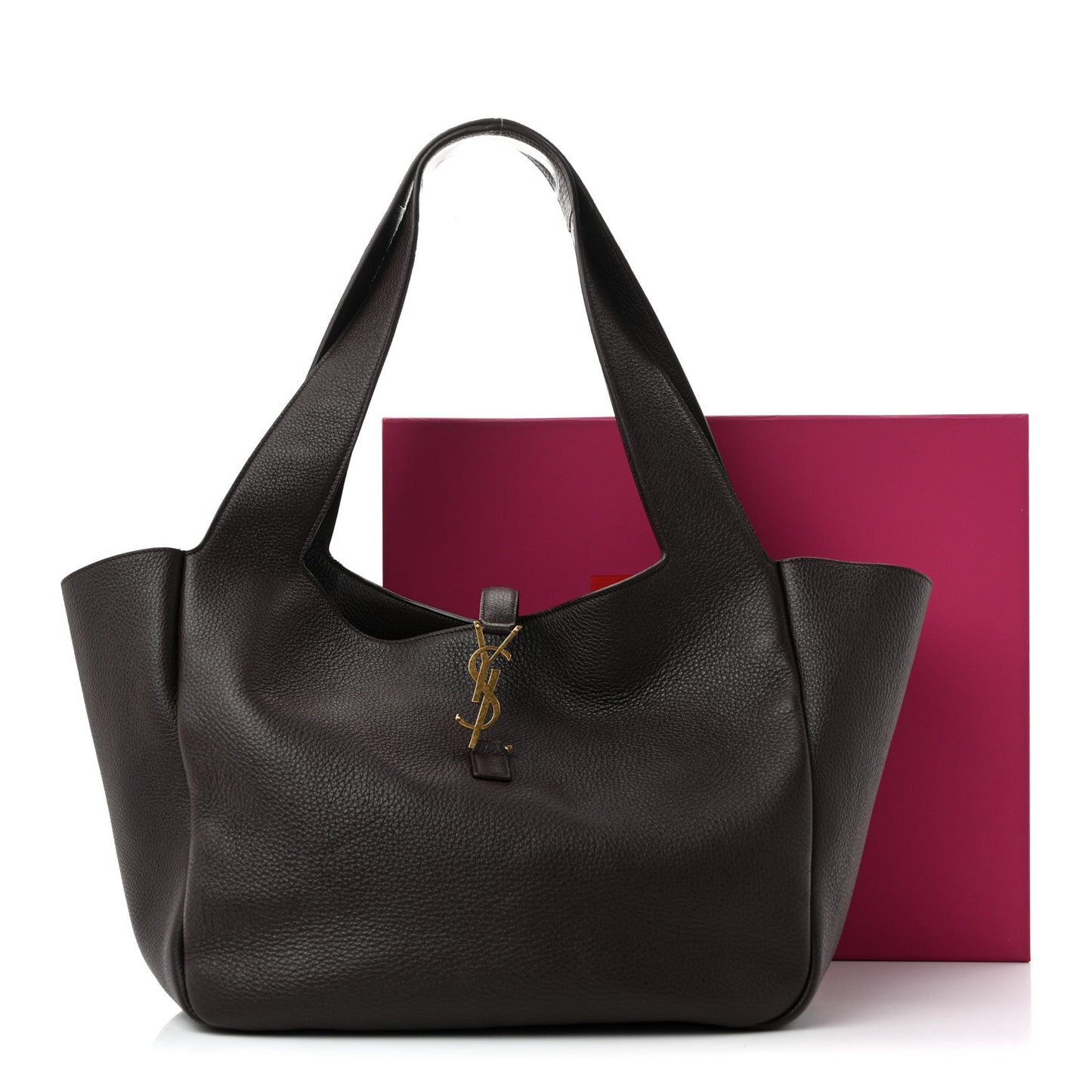 Grained deerskin Bea tote in dark brown with YSL logo charm on the front