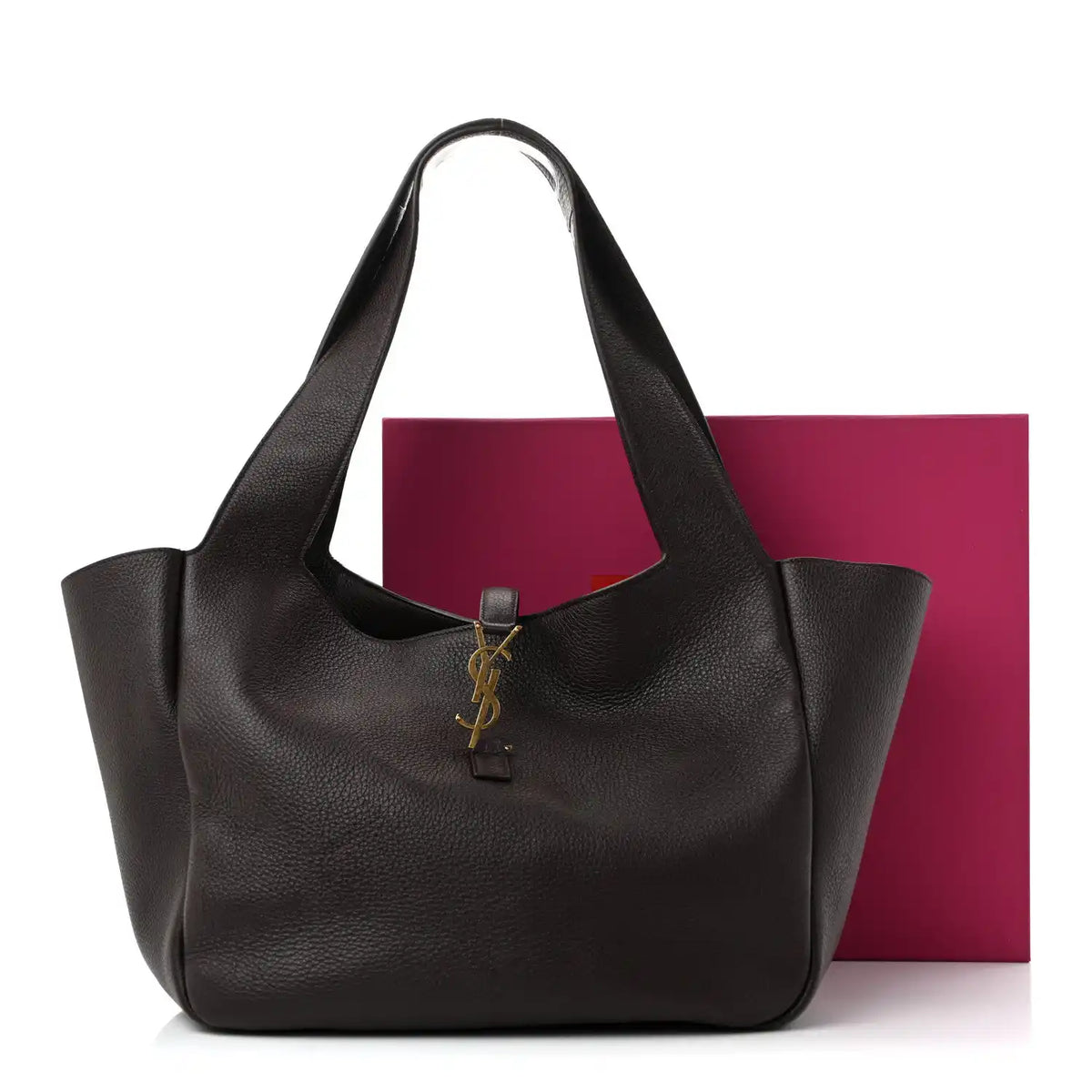 Grained deerskin Bea tote in dark brown with YSL logo charm on the front