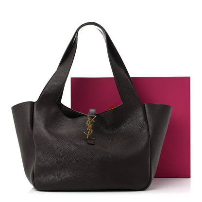 Grained deerskin Bea tote in dark brown with YSL logo charm on the front