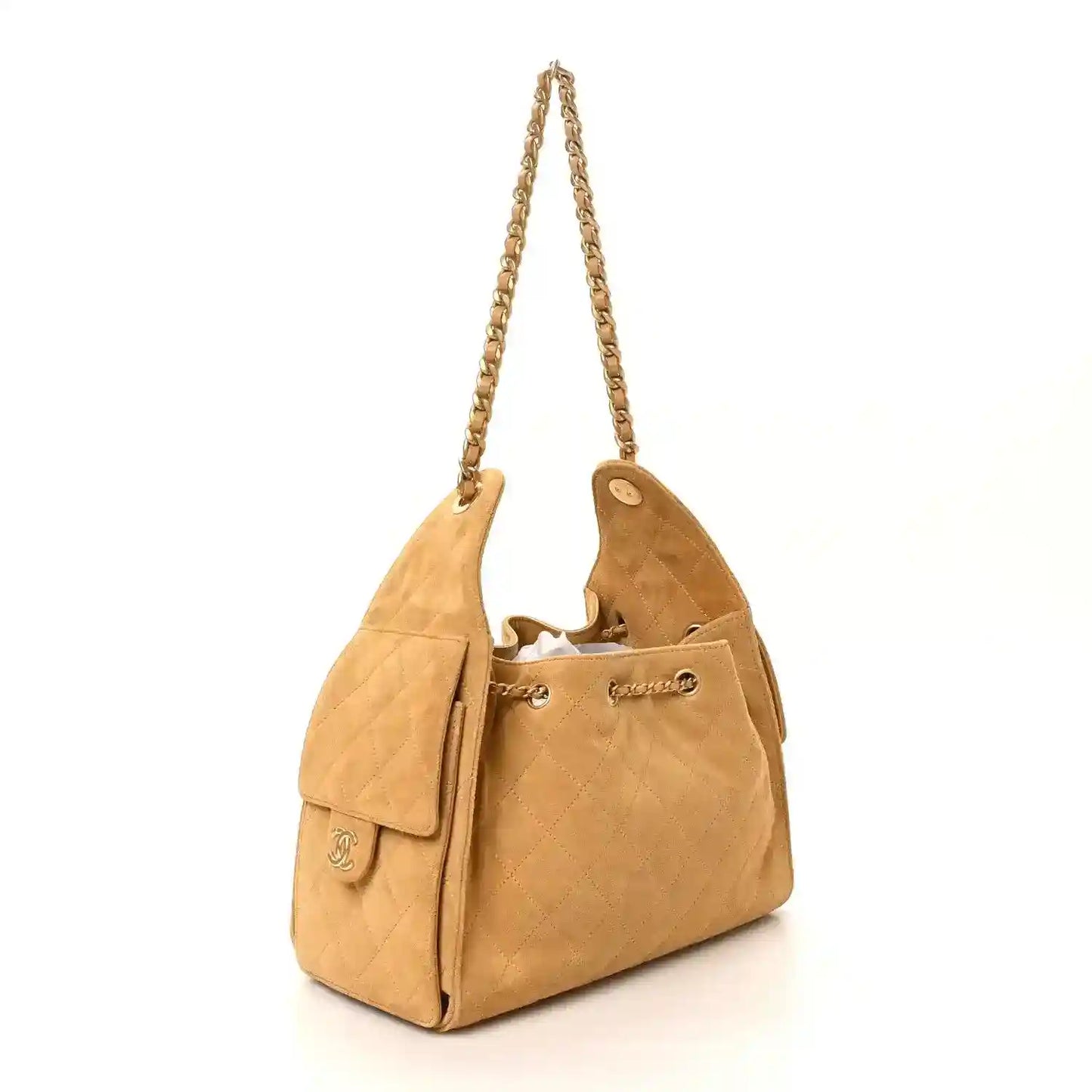 Chanel small quilted beige suede handbag with front pocket, flap, and chain strap