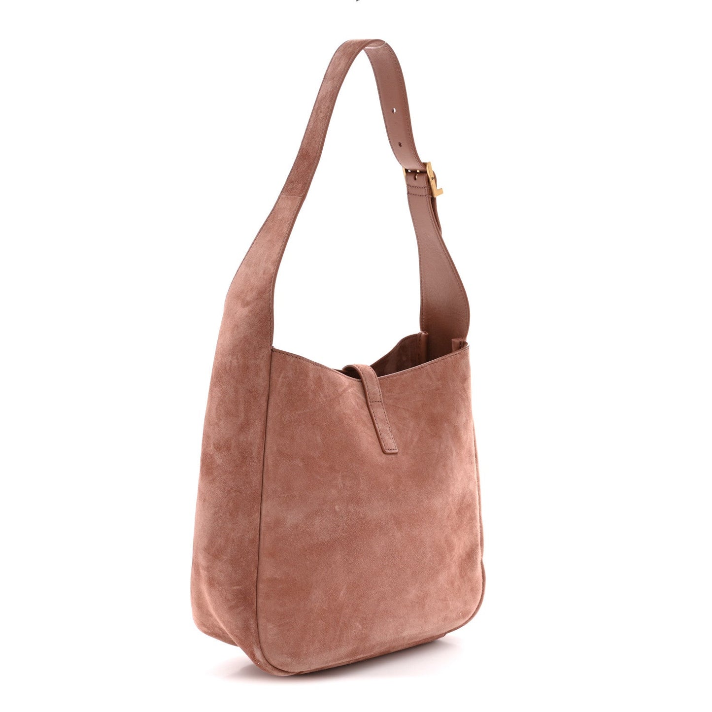 Small suede calfskin hobo bag in barley pink, side view with top strap handle