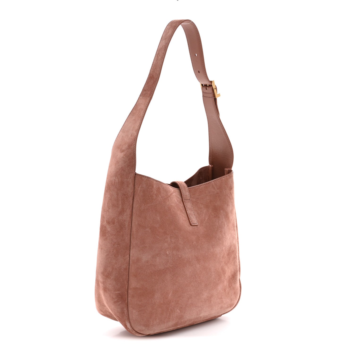 Small suede calfskin hobo bag in barley pink, side view with top strap handle