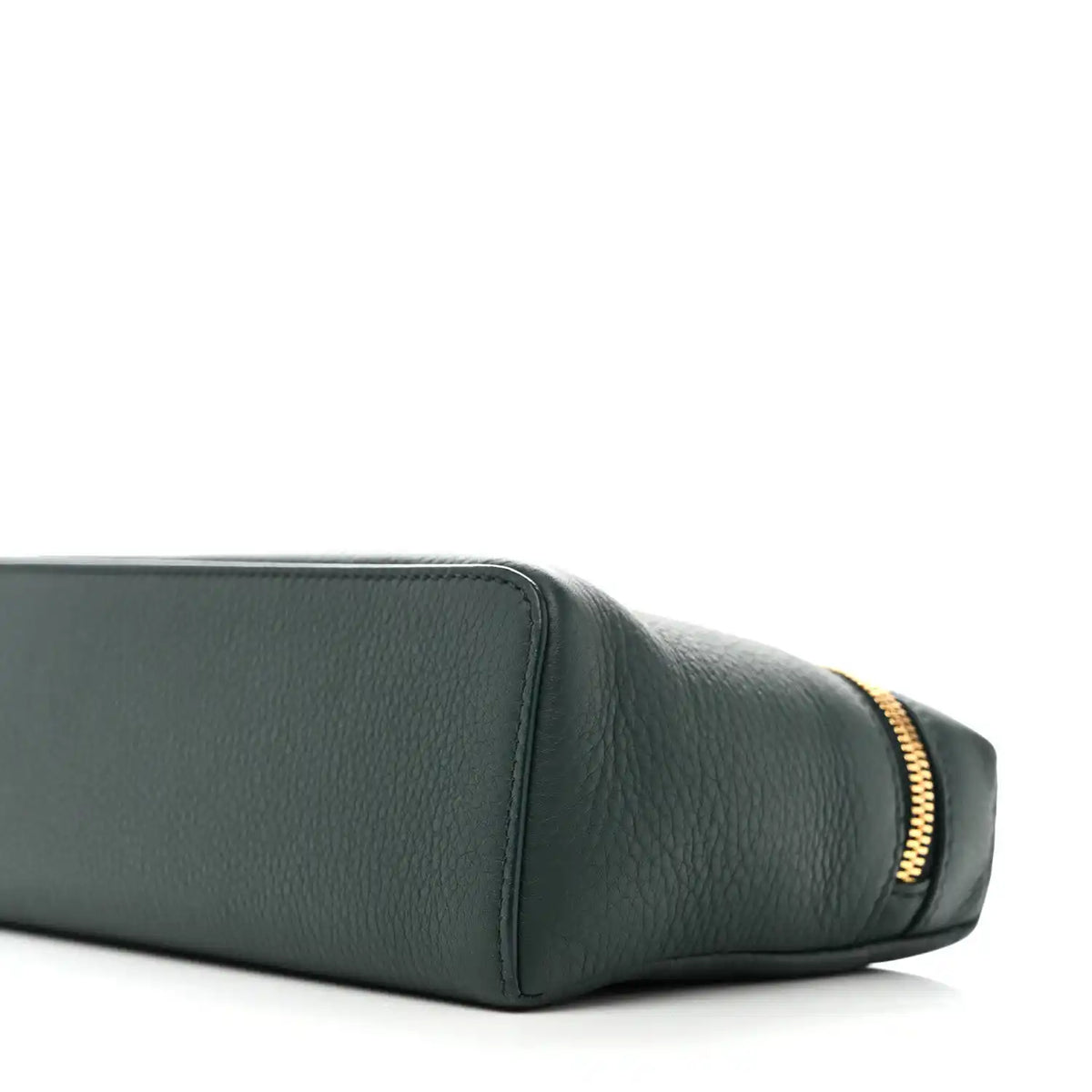 Dark green grained leather pouch with rounded base seam and zipper trim.