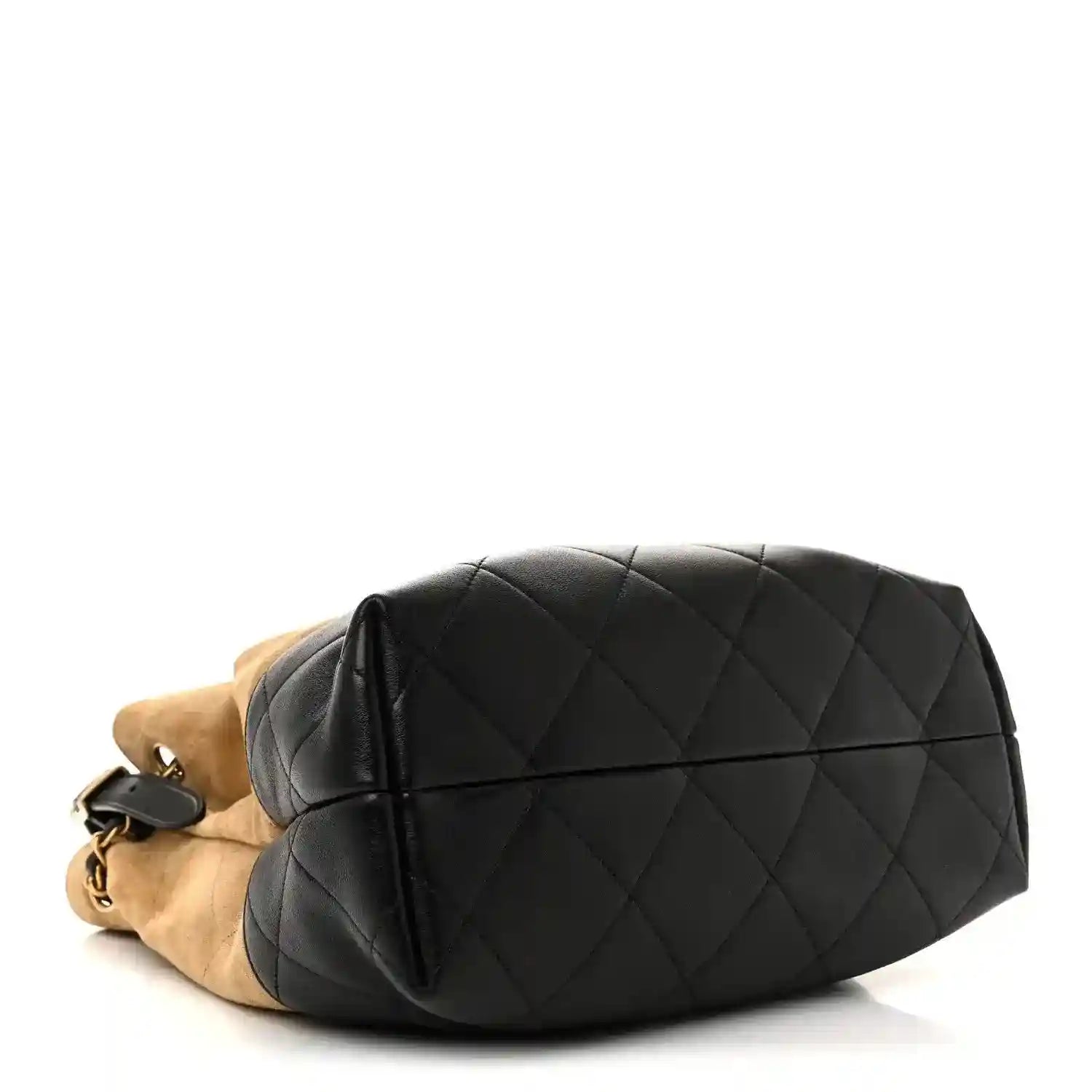 Chanel quilted calfskin shopping bag with black padded texture and beige contrast trim