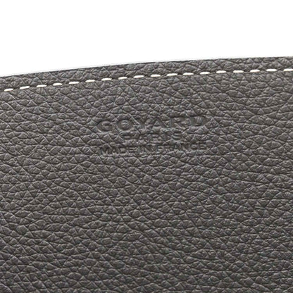 Grey leather exterior with embossed brand markings and fine-grain texture