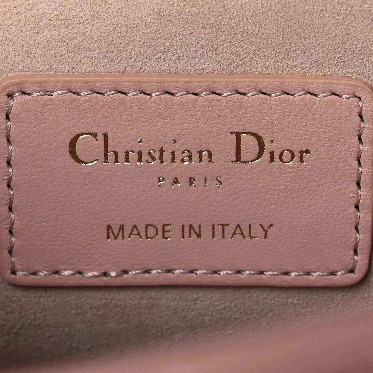 Christian Dior Paris lambskin handbag label in pale pink with stitched edge