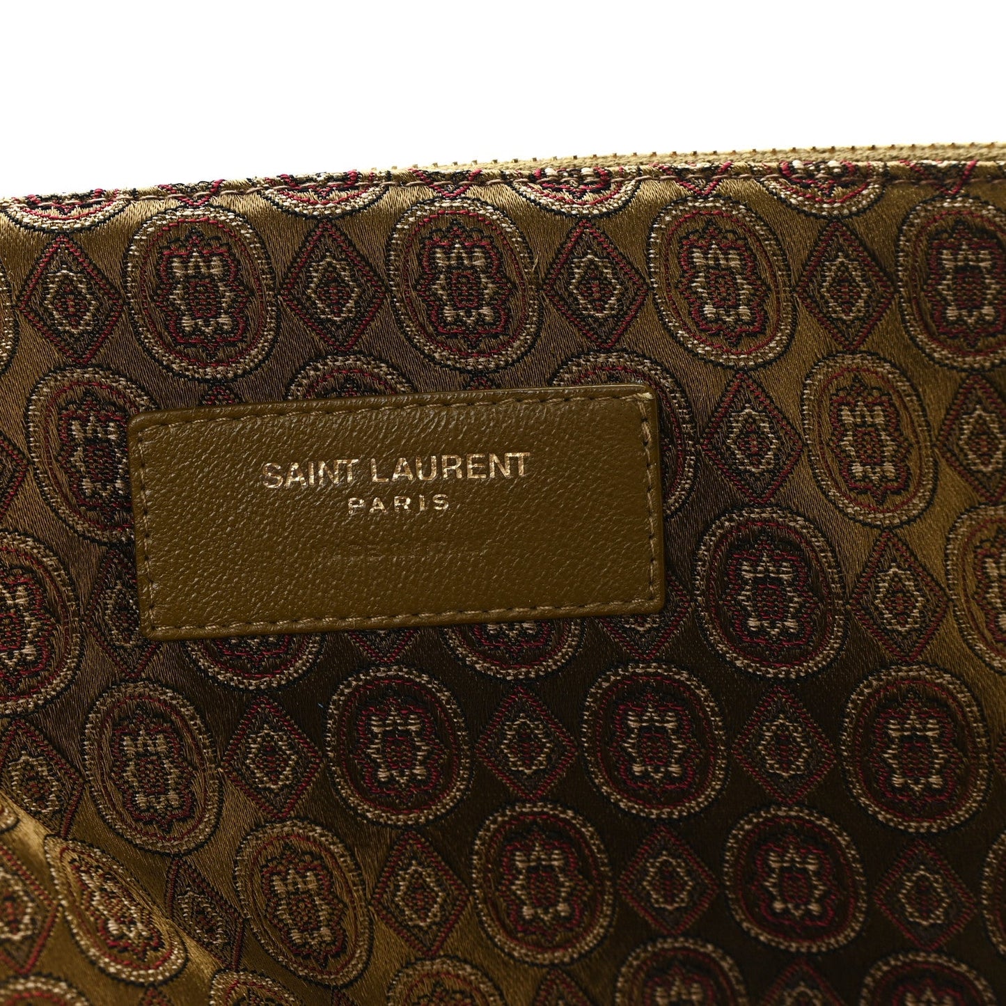 Saint Laurent Paris logo patch on jacquard medallion fabric, brown/olive, leather trim.