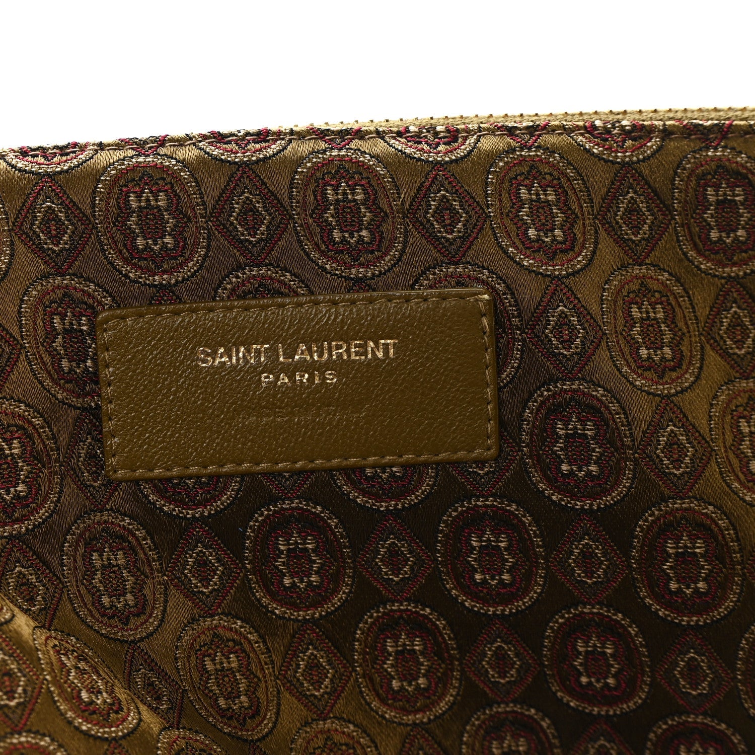 Saint Laurent Paris logo patch on jacquard medallion fabric, brown/olive, leather trim.