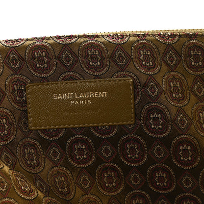 Saint Laurent Paris logo patch on jacquard medallion fabric, brown/olive, leather trim.