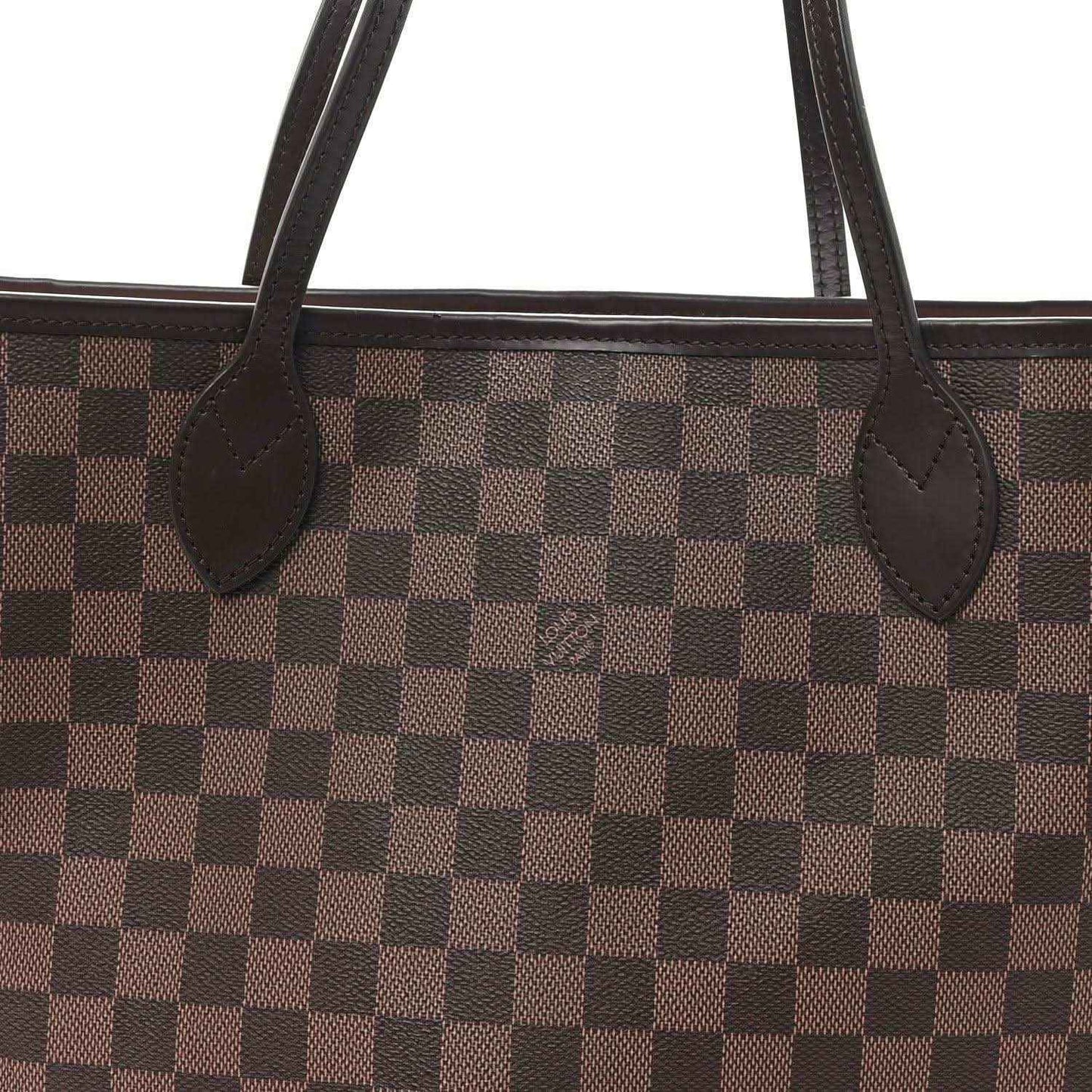 Damier Ebene tote top view with brown checkered canvas and dark leather trim