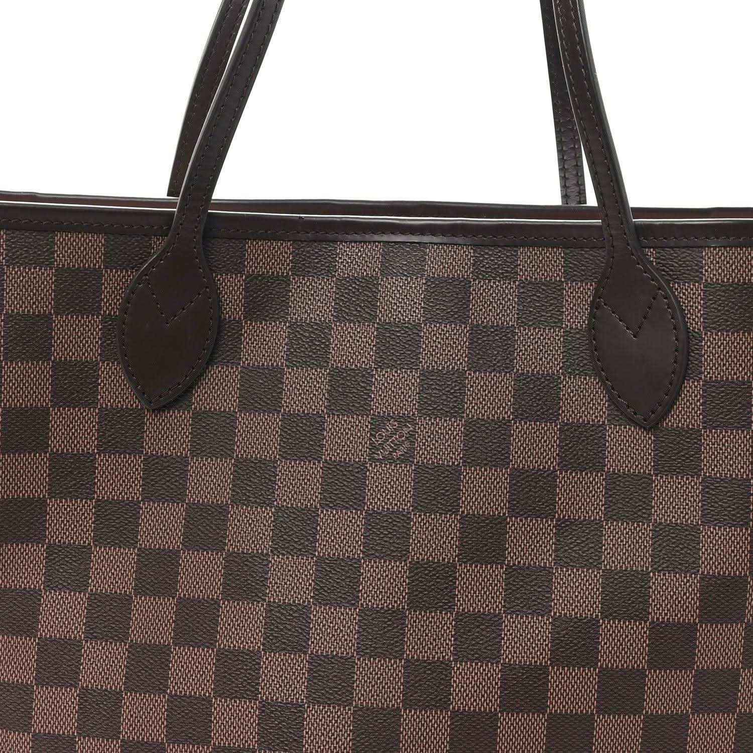 Damier Ebene tote top view with brown checkered canvas and dark leather trim