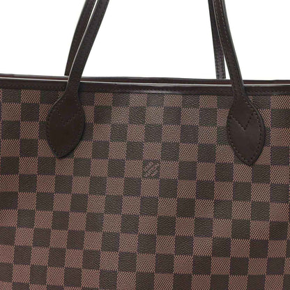 Damier Ebene tote top view with brown checkered canvas and dark leather trim