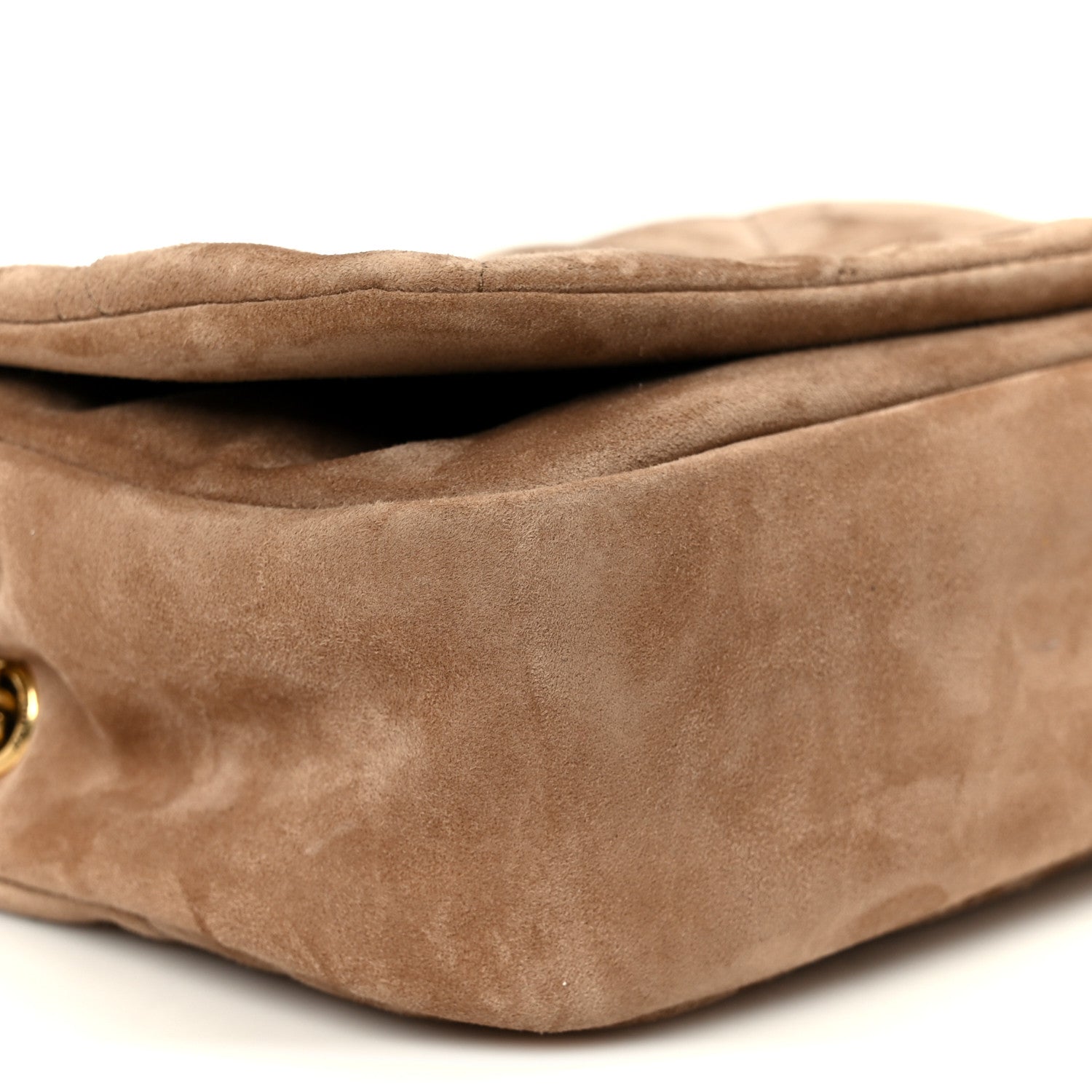 Taupe suede mini shoulder bag close-up of folded side and visible stitching