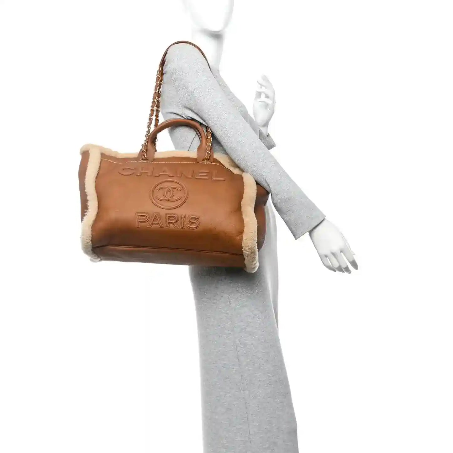 Chanel Deauville tote bag with brown lambskin body and shearling handle trim
