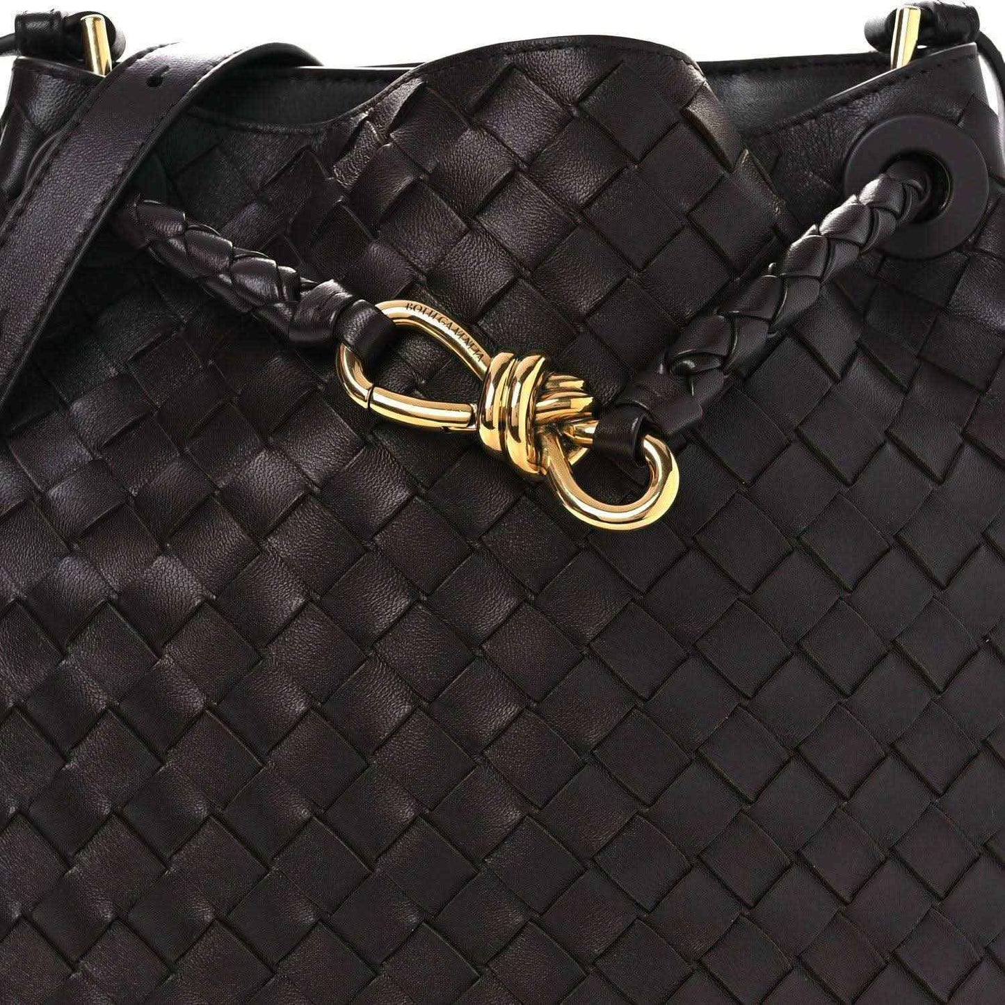 Intrecciato leather bucket bag, dark color, braided chain clasp with gold-tone rings