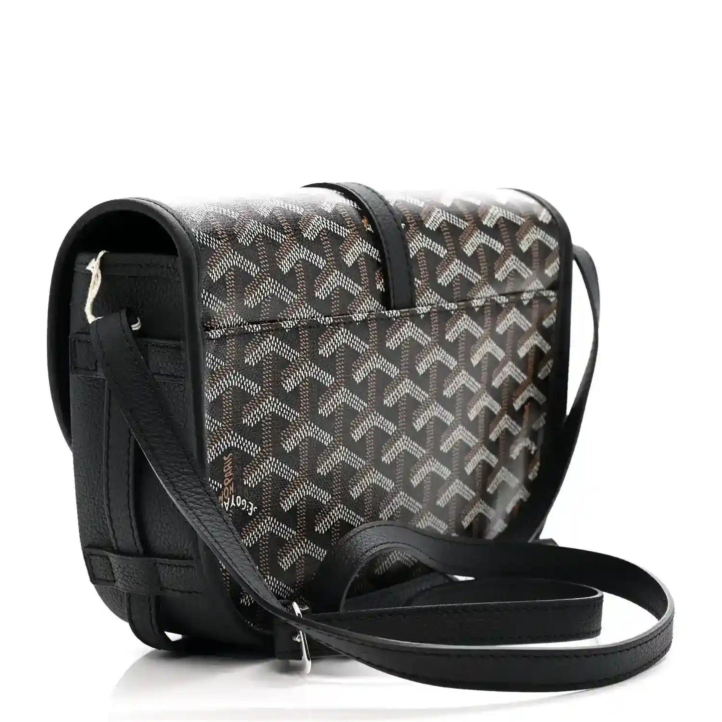 Black messenger bag with Goyardine jacquard front, front flap, and crossbody strap