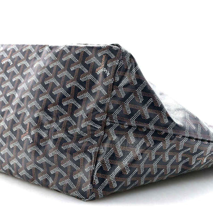 Navy patterned tote bag with Goyardine-style logo print and curved seams