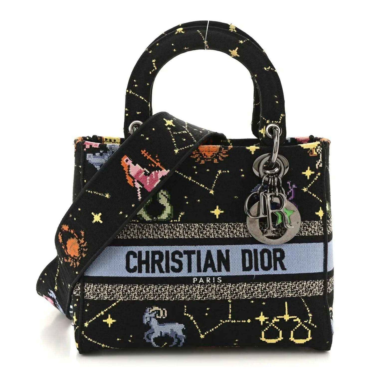 Medium black canvas handbag with embroidered zodiac motifs, top handles, and silver logo charms