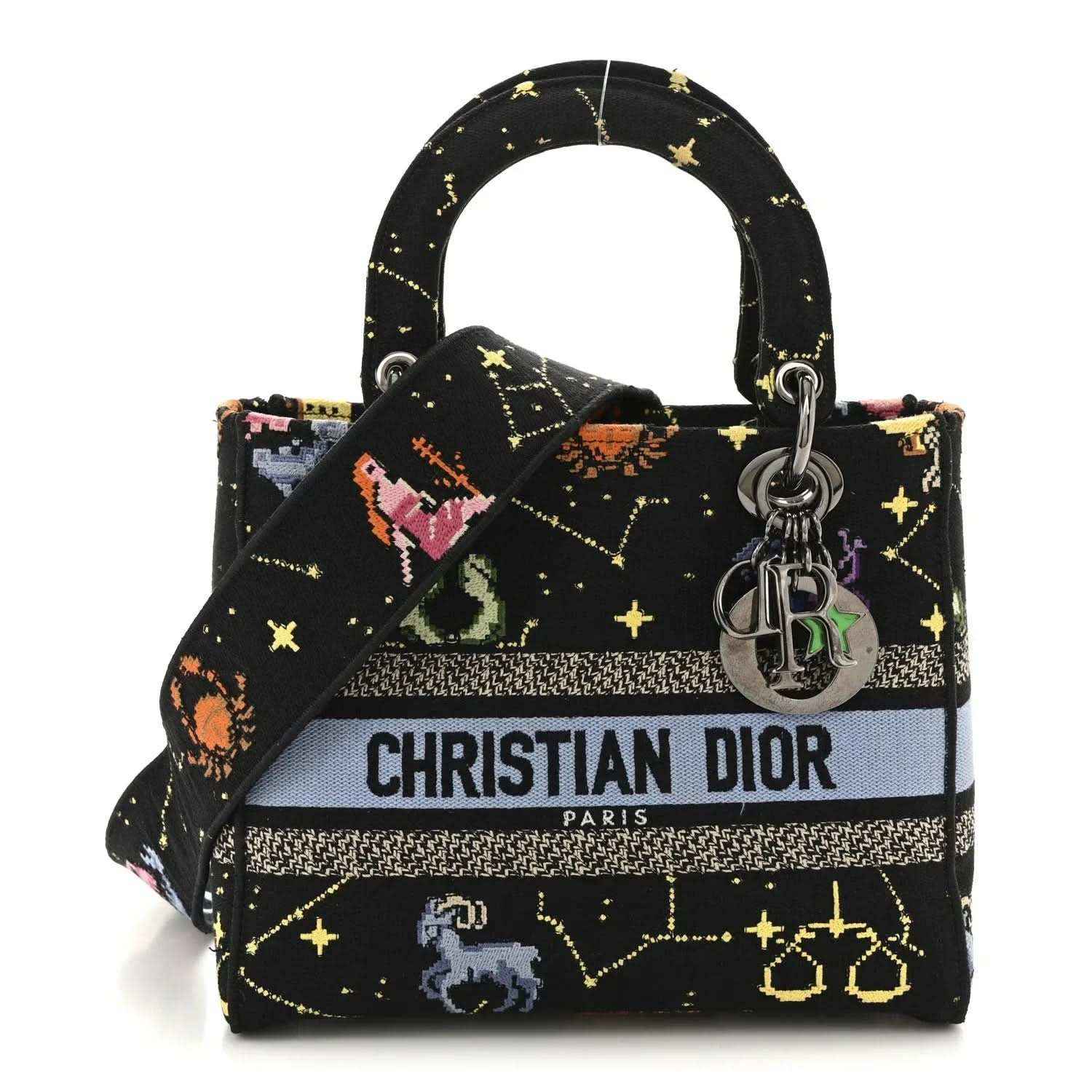 Medium black canvas handbag with embroidered zodiac motifs, top handles, and silver logo charms