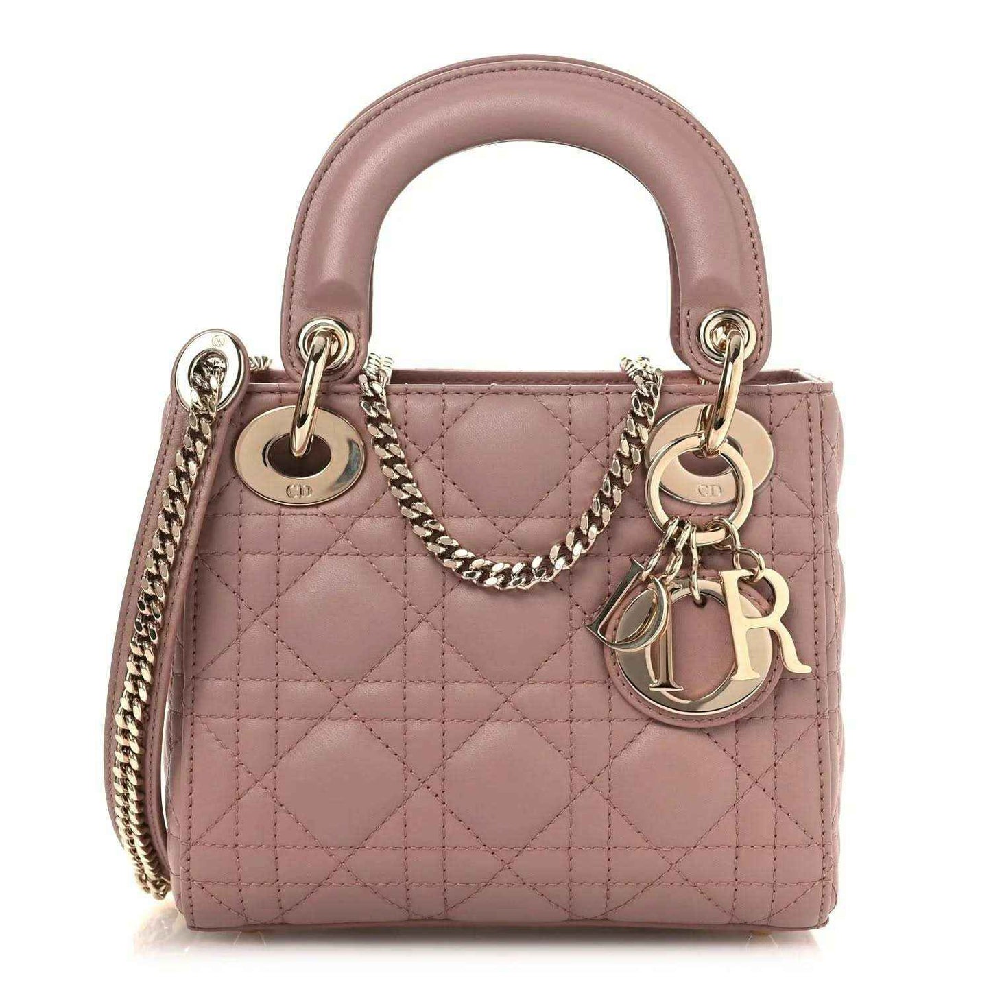 Mini Lady Dior handbag in pink lambskin with quilted cannage, gold-tone hardware, top handles.