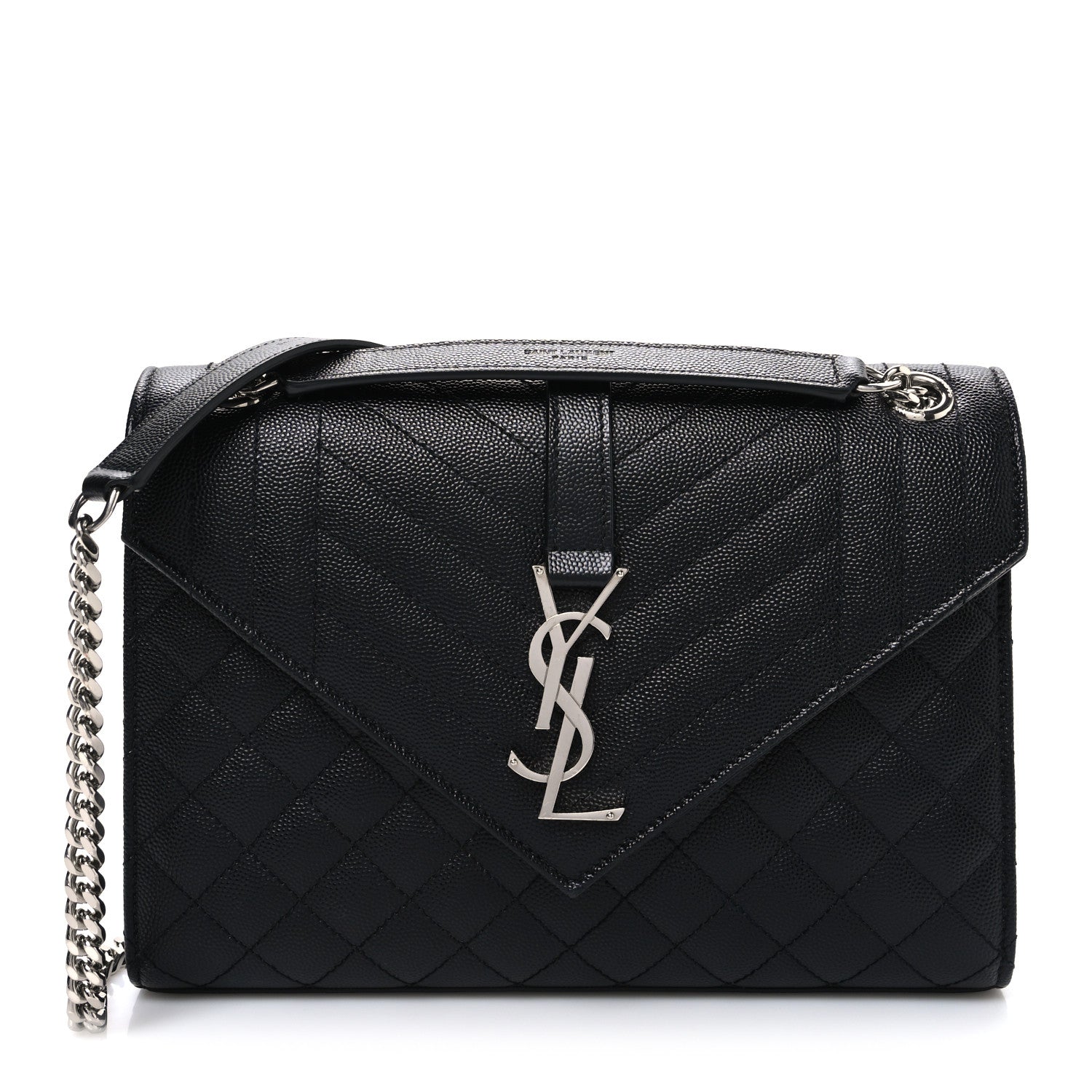 Black quilted leather medium satchel with chain strap and front YSL monogram clasp