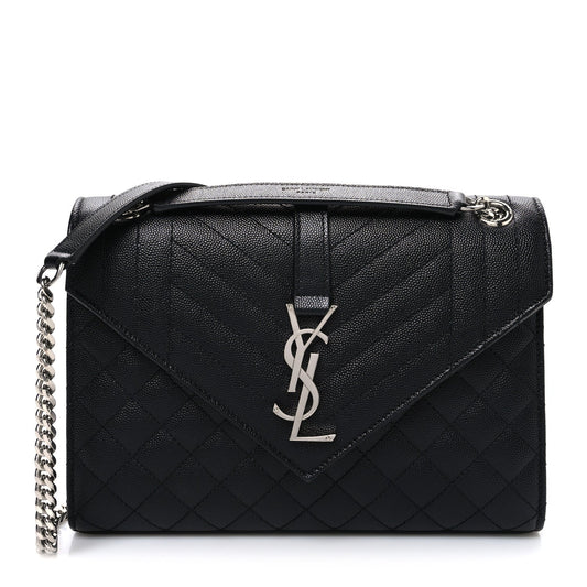 Black quilted leather medium satchel with chain strap and front YSL monogram clasp
